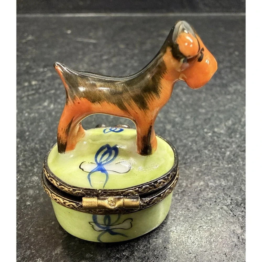 Eximious Limoges France Terrier Dog Trinket Box Hand Painted Porcelain Miniature